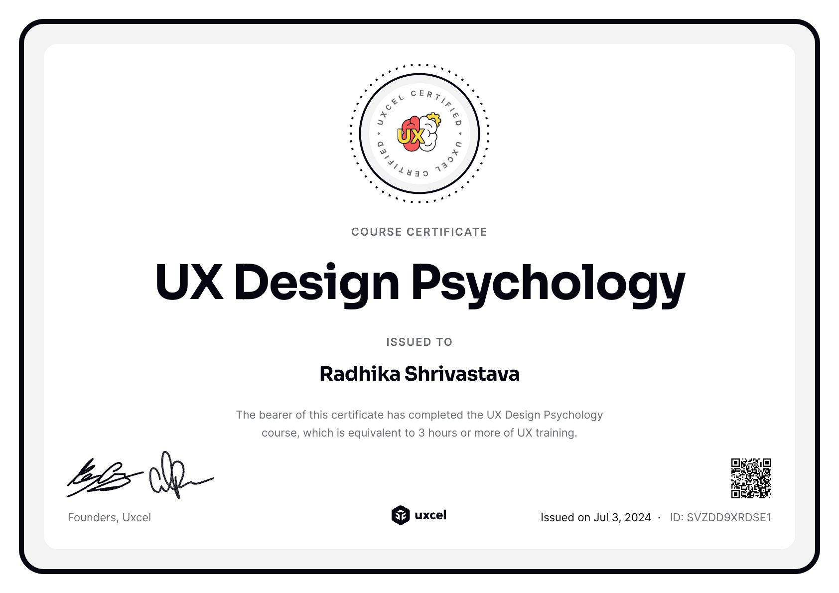 Radhika Shrivastava's certificate